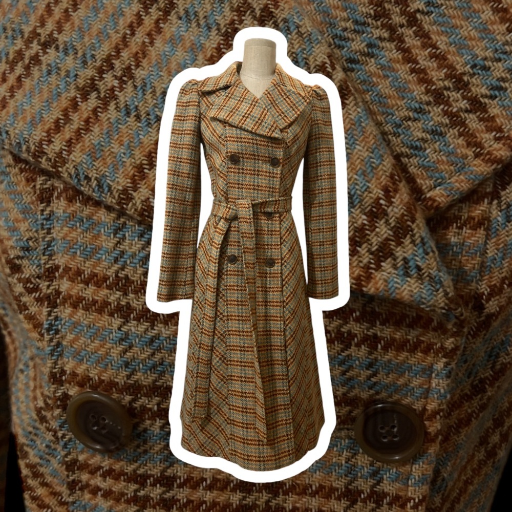Betsey Johnson Brown Plaid Double-Breasted Trench Coat with Blue Accents
